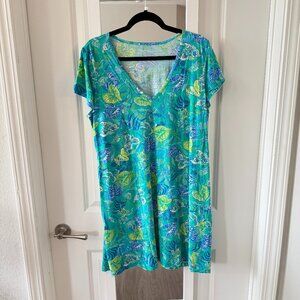 Lilly Pulitzer Etta Floral Pima Cotton Shift Dress Size XL Color Blue Green